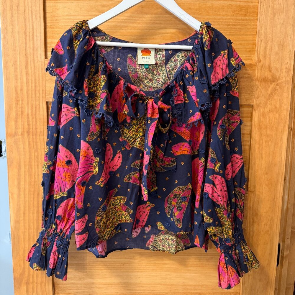 Farm Rio Patchwork Bananas Tie Front Embroidered Boho Navy Blouse Women size XS - Picture 4 of 12